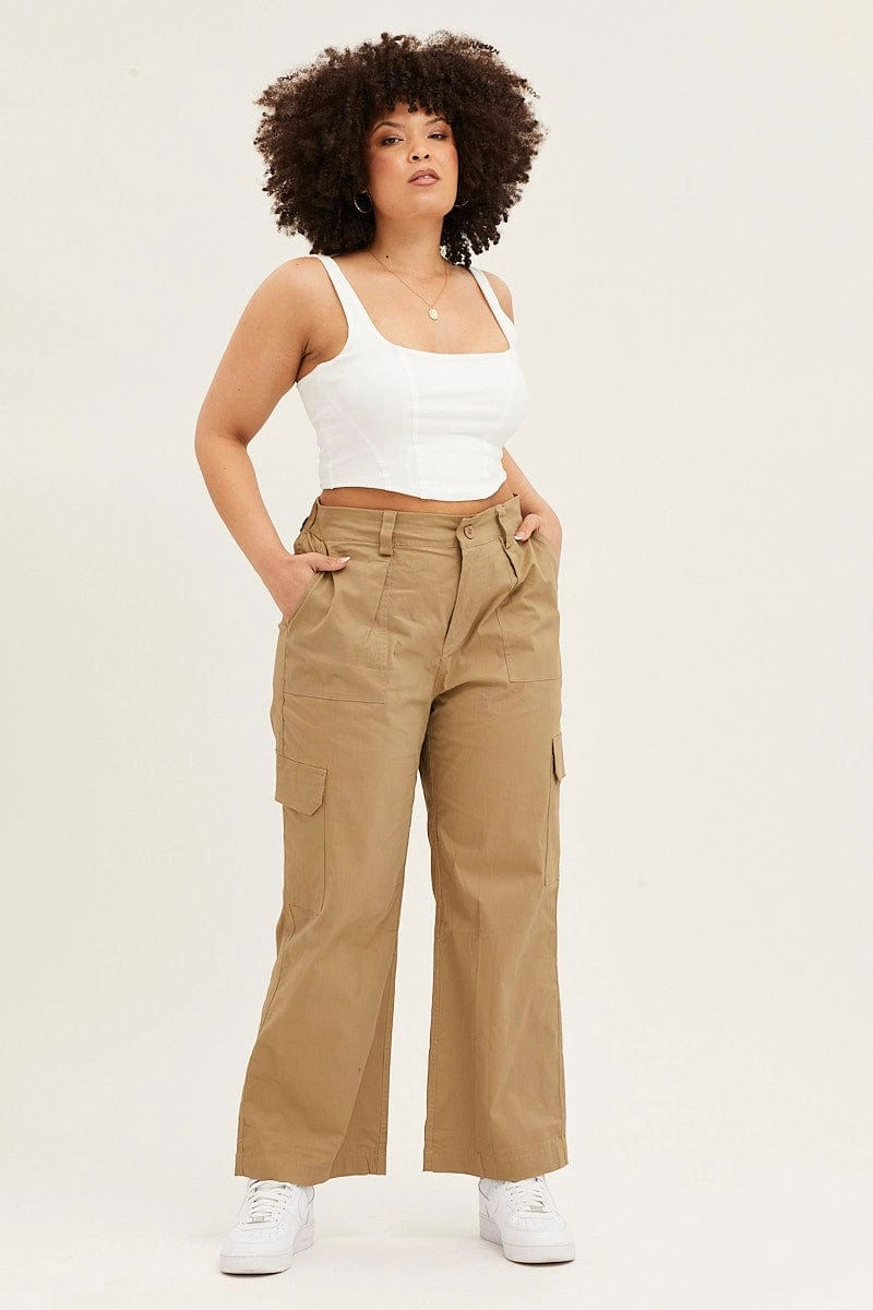 Comfortable Style Flexible Performance Green Mid Rise Wide Leg Cargo Pants