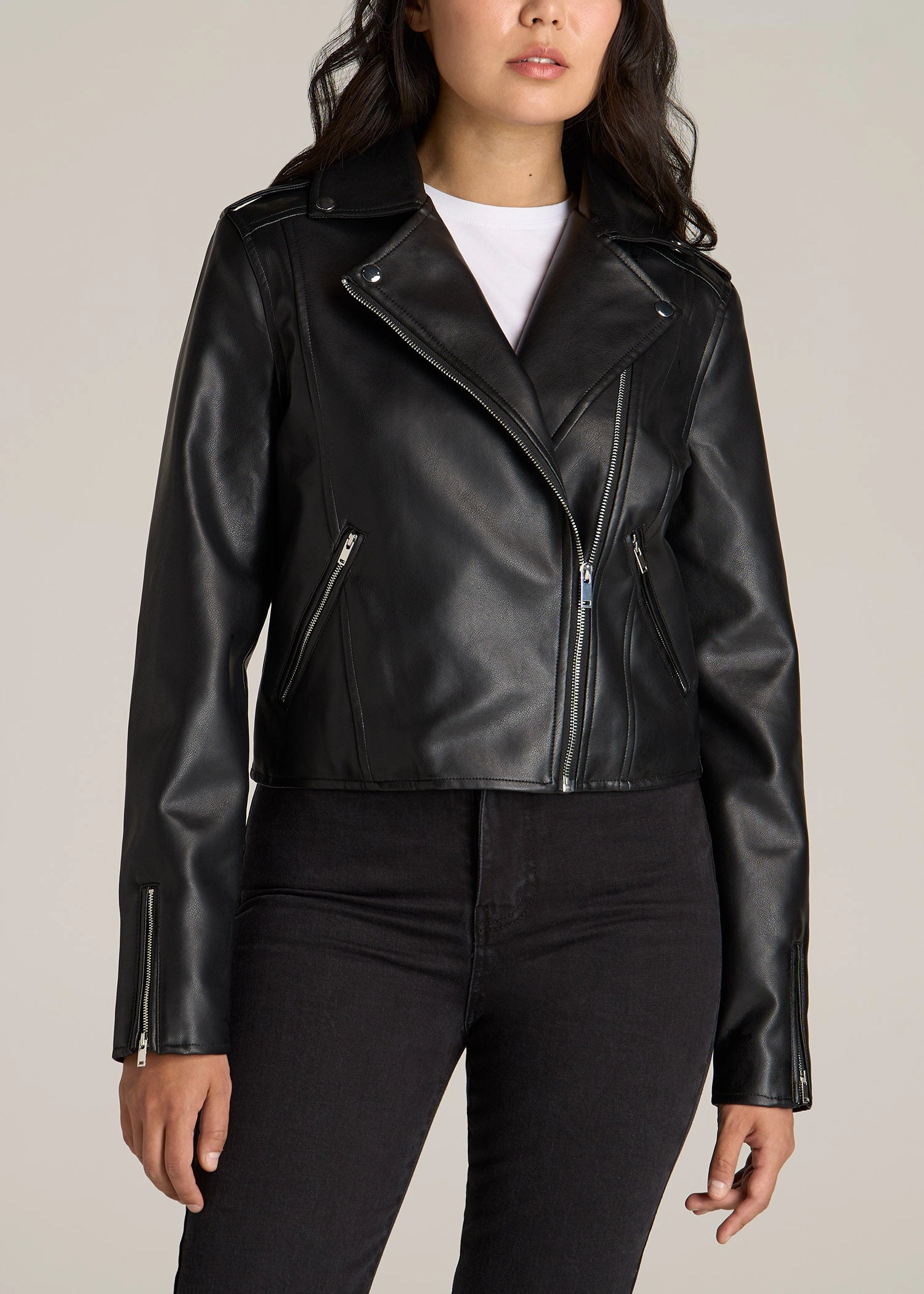 Tactical Wear Non Bulky Design Cropped True Touch Leather Moto Jacket for Tall Women in Black