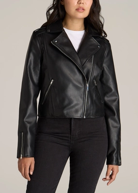 Practical Cold Piece Cropped True Touch Leather Moto Jacket for Tall Women in Black