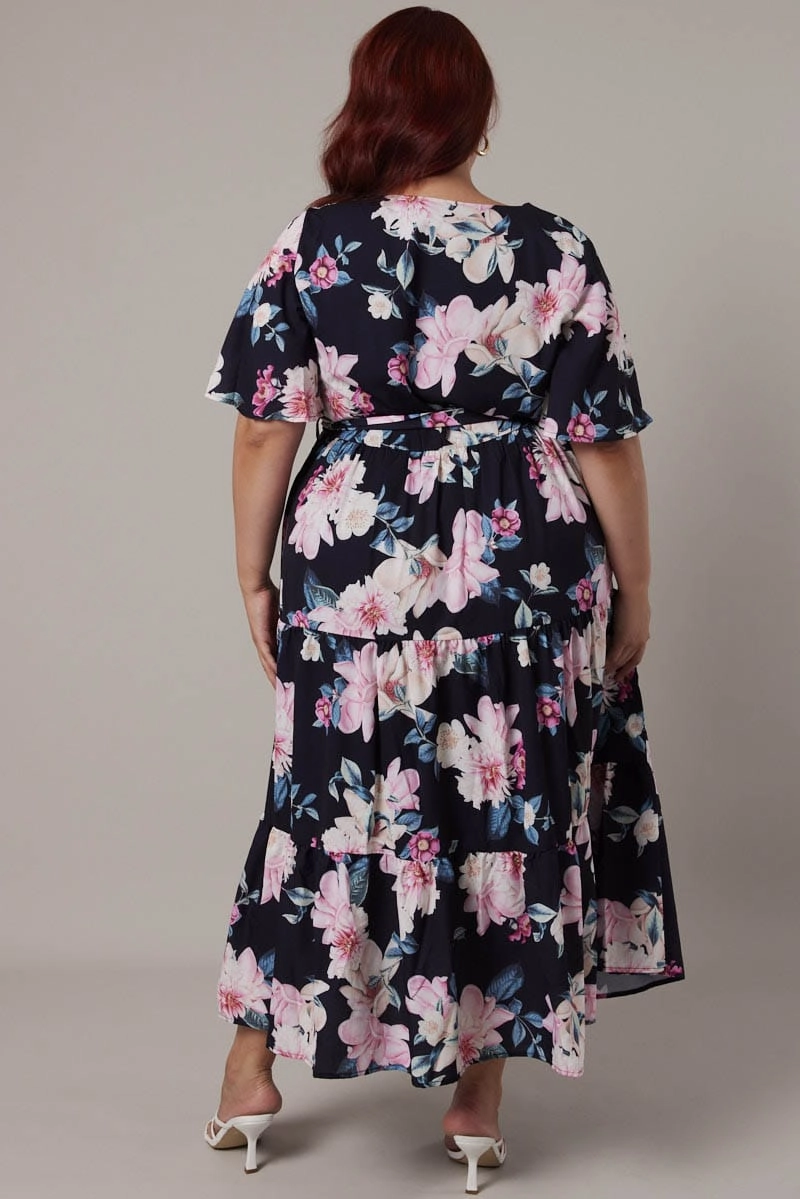 Black Floral Midi Dress Short Sleeve Wrap Front Tiered Breezy Style