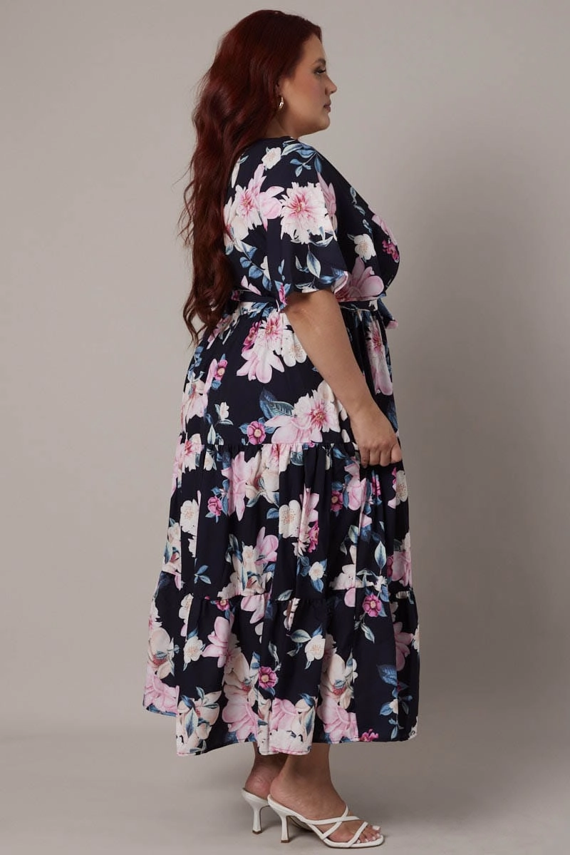 Garden Fresh Black Floral Midi Dress Short Sleeve Wrap Front Tiered