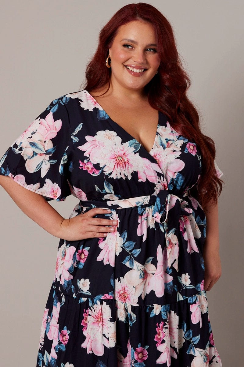 Black Floral Midi Dress Short Sleeve Wrap Front Tiered Timeless Wear Relax Motion
