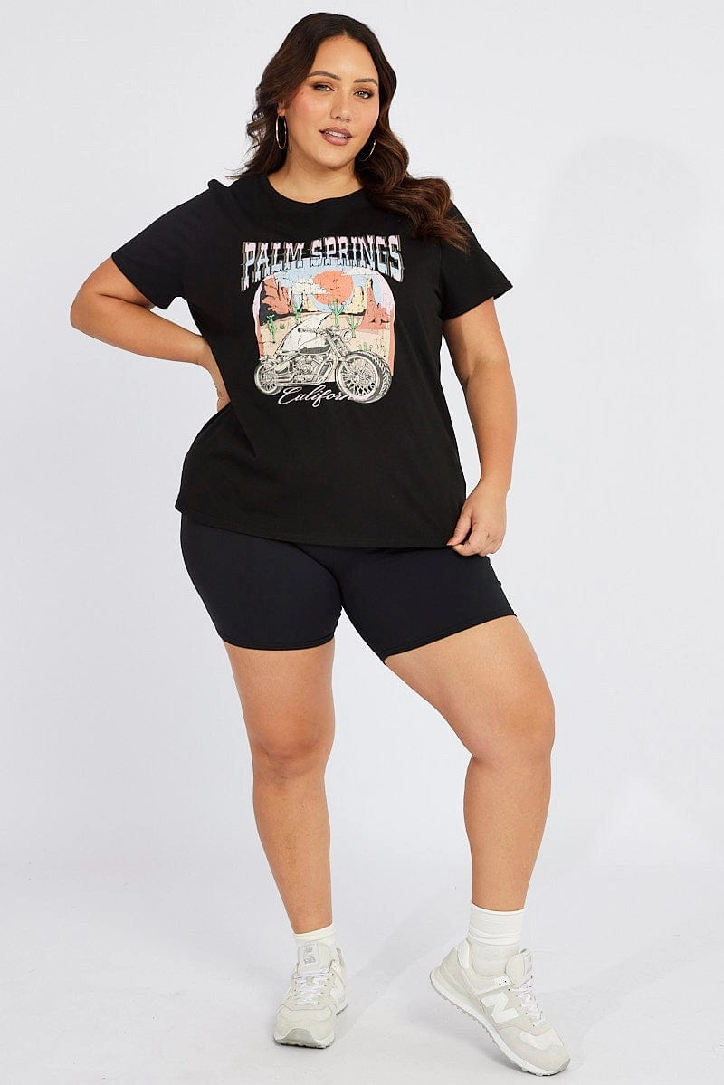 Black Graphic T-shirt Short Sleeve Crew Neck Anti-bacterial Layering Piece