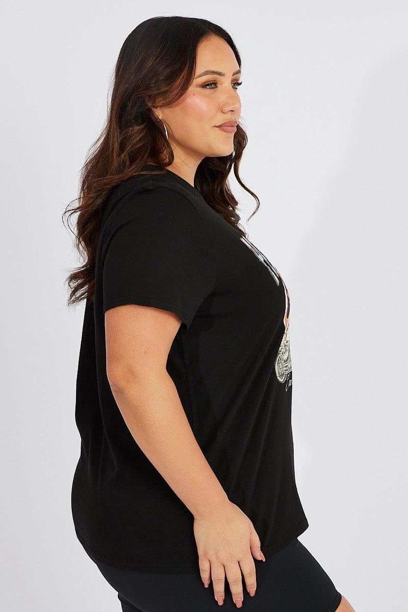 Roomy Comfort Soft Touch Fabric Black Graphic T-shirt Short Sleeve Crew Neck