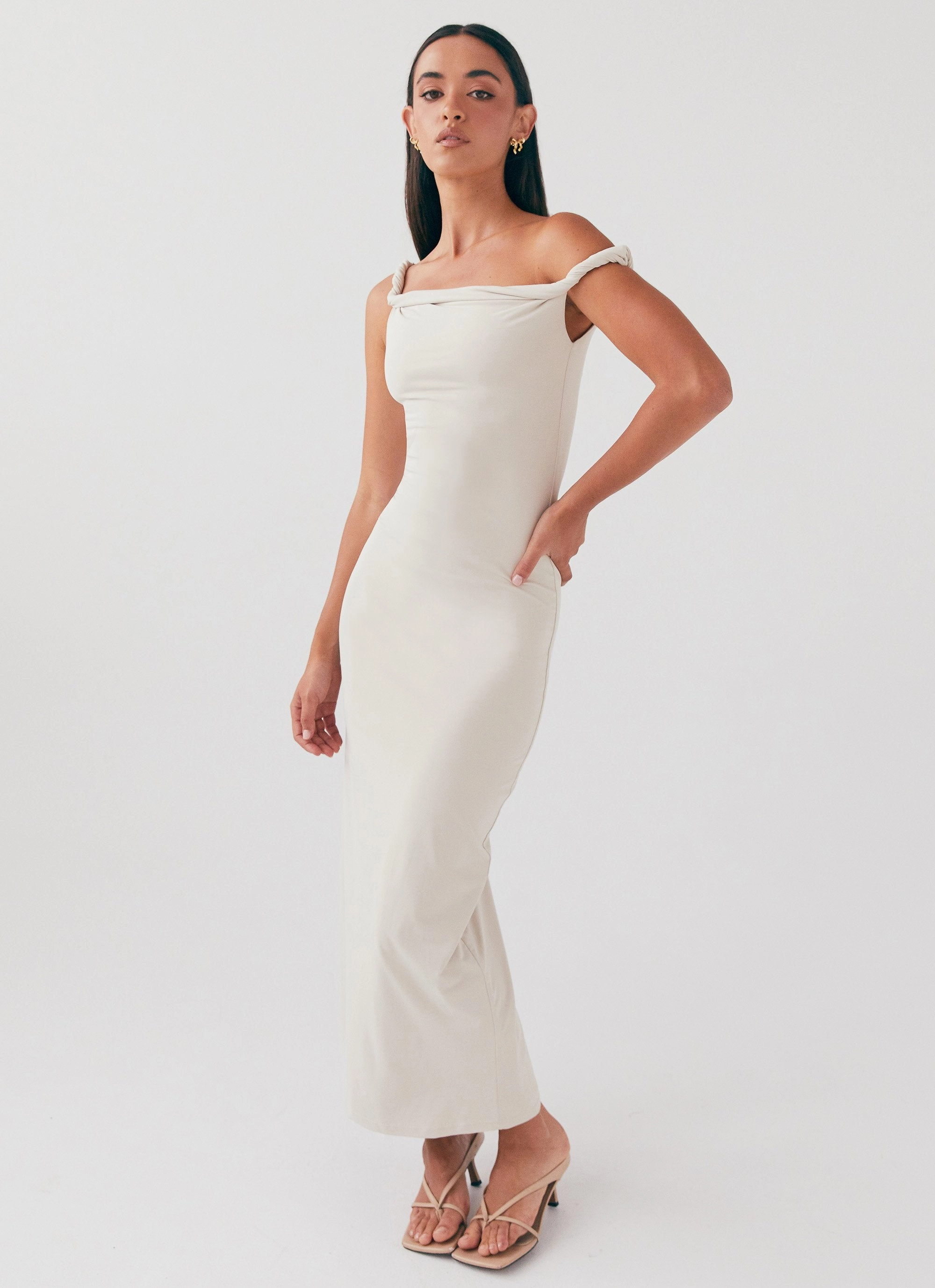 Vacation Vibe Shore Time Arabella Twist Shoulder Maxi Dress - Beige