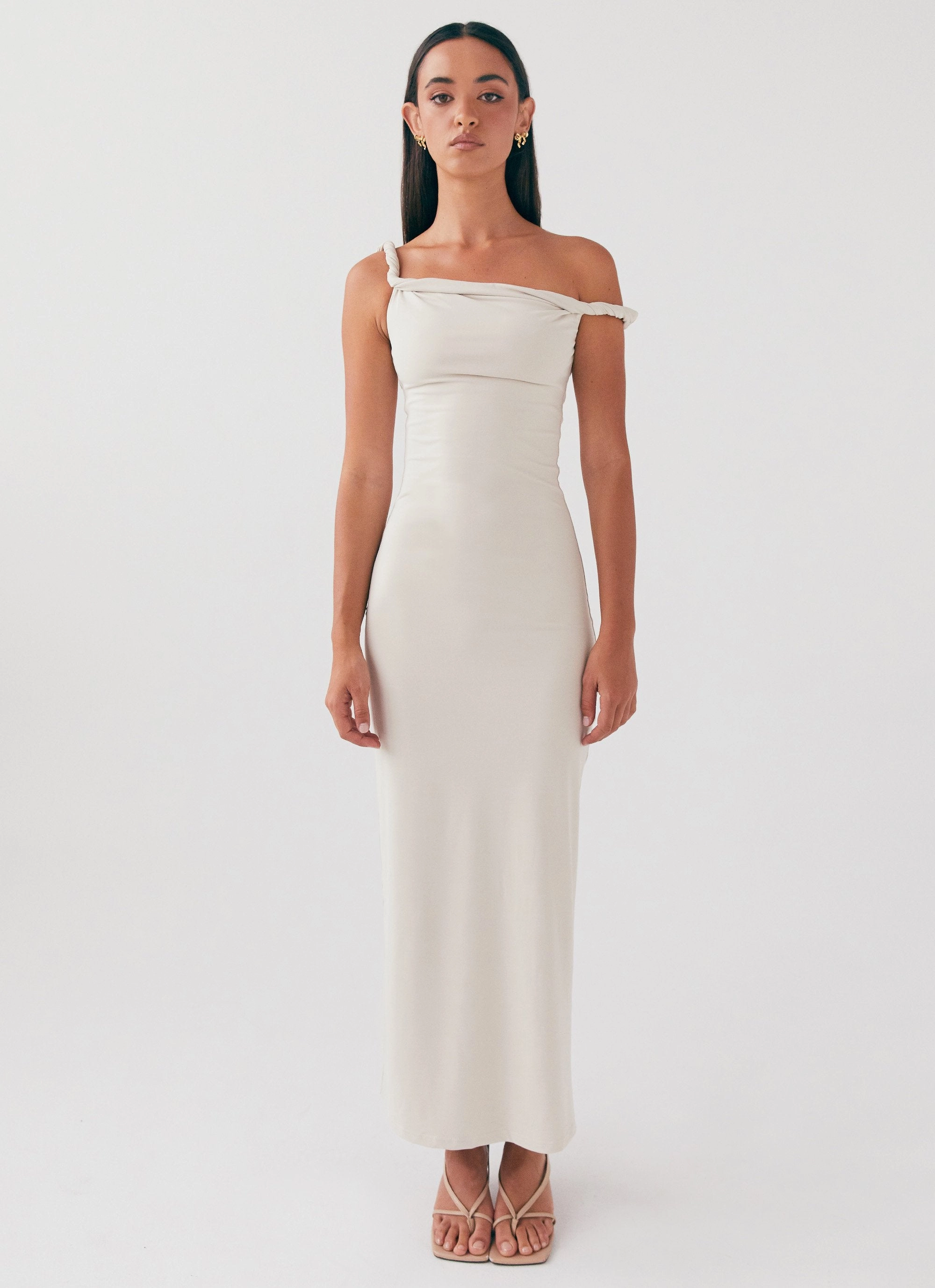 Cozy Flex Arabella Twist Shoulder Maxi Dress - Beige