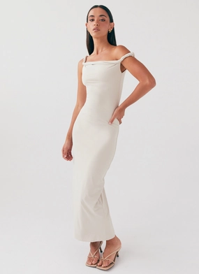 Vacation Vibe Shore Time Arabella Twist Shoulder Maxi Dress - Beige