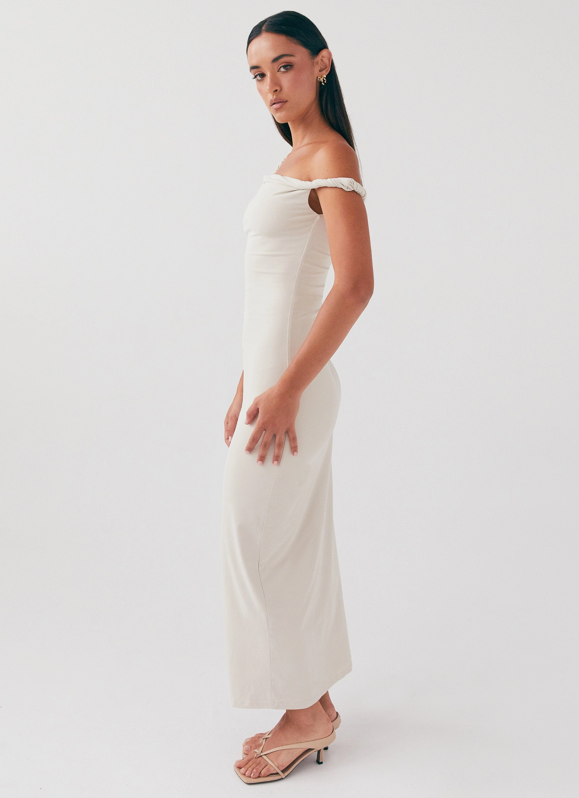 Arabella Twist Shoulder Maxi Dress - Beige Sharp Detail Breeze Grace