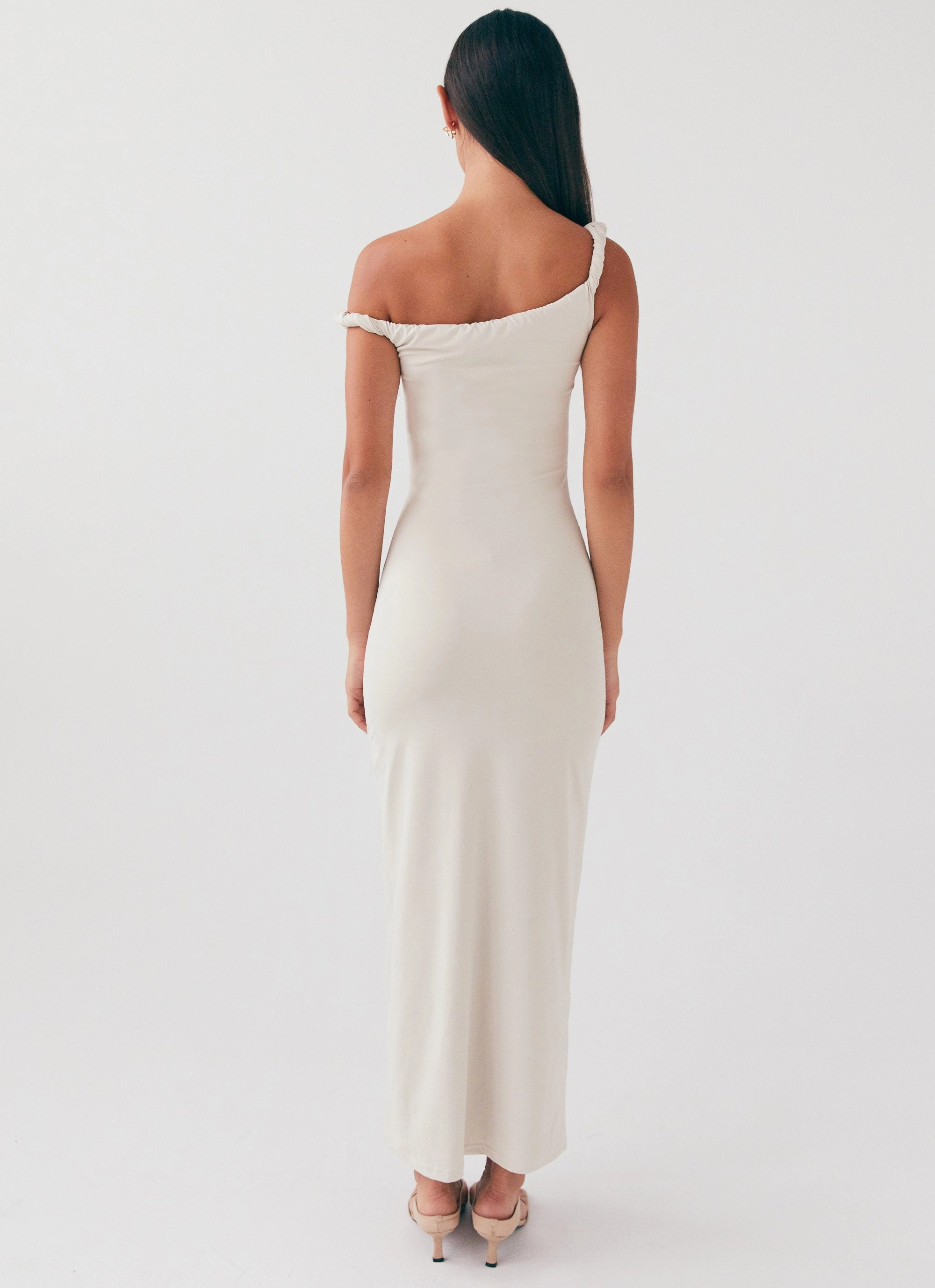 Unique Cut Feminine Style Arabella Twist Shoulder Maxi Dress - Beige