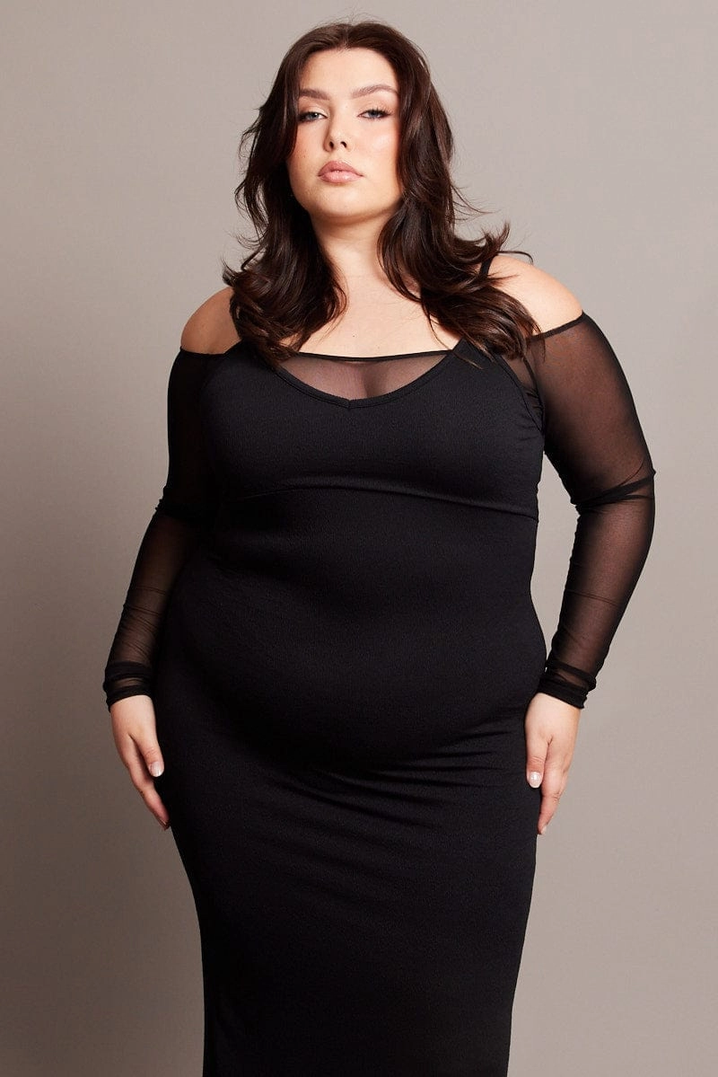 Black Cold Shoulder Bodycon Maxidress With Mesh Sleeves Mixed Fabric Dew Tone