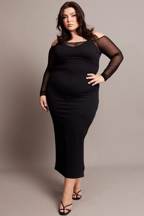 Relaxed Fit Design Black Cold Shoulder Bodycon Maxidress With Mesh Sleeves