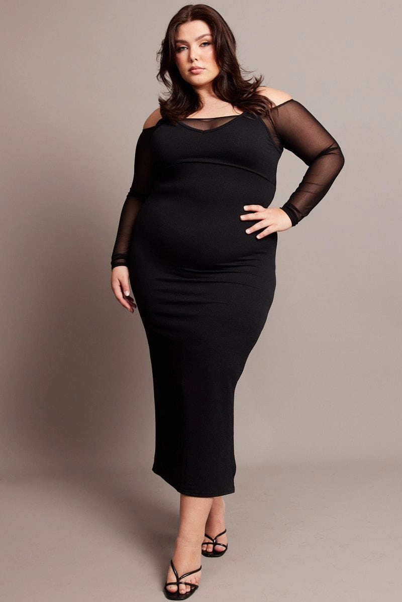 Relaxed Fit Design Black Cold Shoulder Bodycon Maxidress With Mesh Sleeves