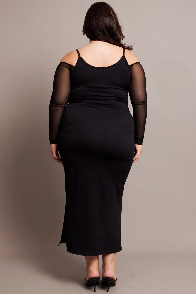 Black Cold Shoulder Bodycon Maxidress With Mesh Sleeves Effortless Style Sophisticated Style