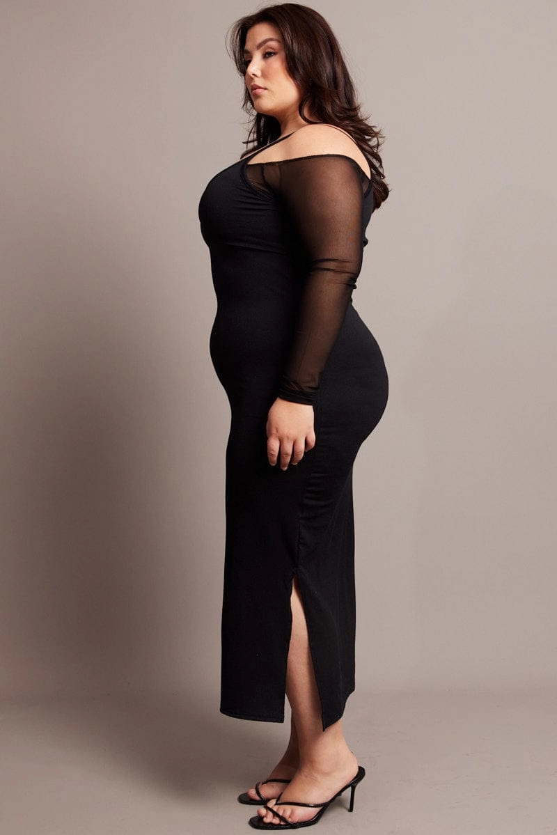 Studio Style Seasonal Must-Have Black Cold Shoulder Bodycon Maxidress With Mesh Sleeves