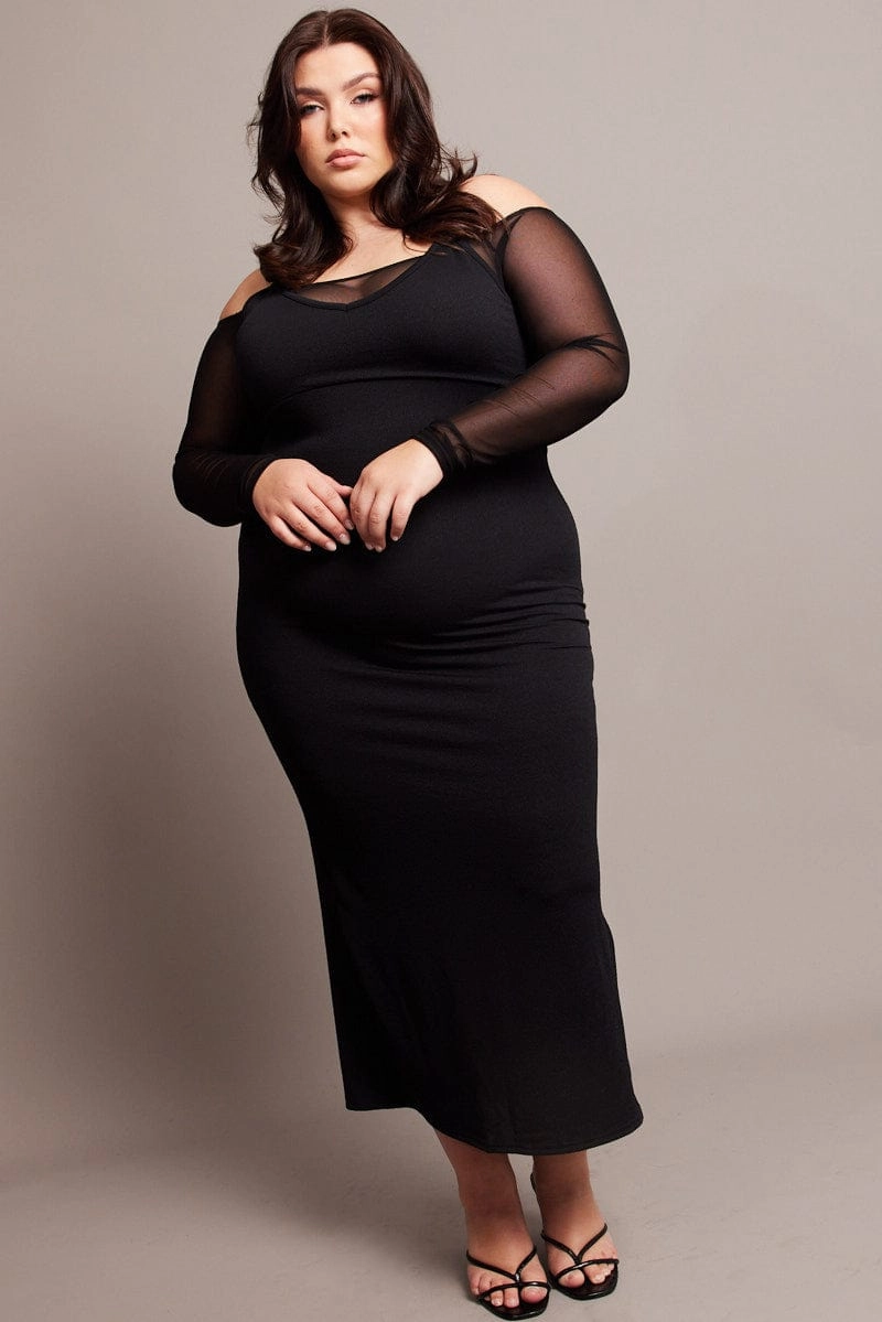 Black Cold Shoulder Bodycon Maxidress With Mesh Sleeves Neutral Feel