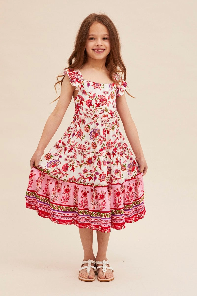 Boho Print Kids Midi Dress Tiered Boho Easy Match
