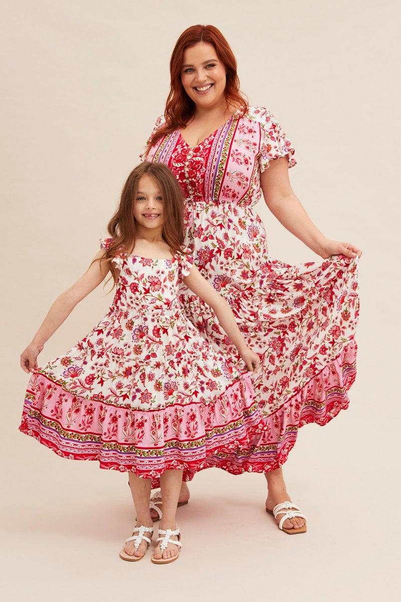 Boho Print Kids Midi Dress Tiered Boho Vibrant Spirit Relaxed fit wear