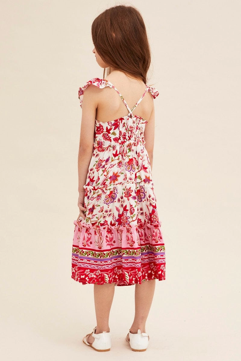 Boho Print Kids Midi Dress Tiered Boho Korean Mood Peach Tone