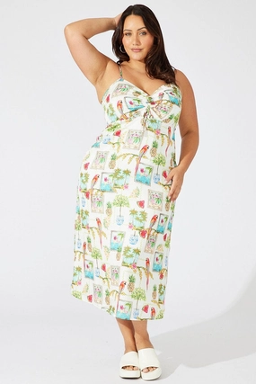 Multi Abstract Midi Dress Drawstring Front Holiday Print Crinkle Effect