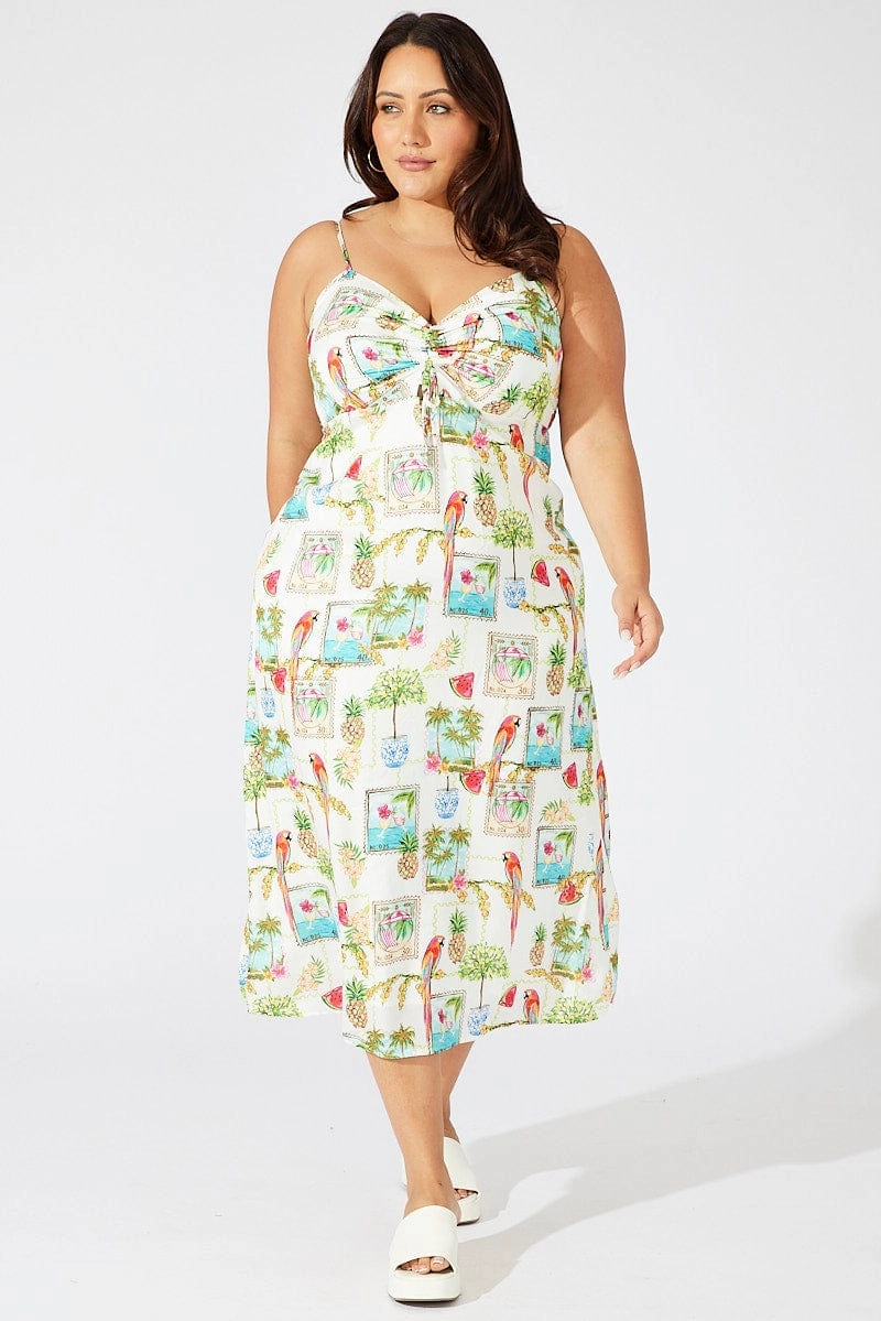 Multi Abstract Midi Dress Drawstring Front Holiday Print Layered Comfort Wear Structured Fit