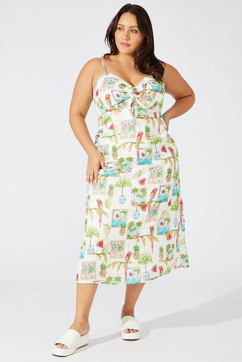 Style Base Square Neck Multi Abstract Midi Dress Drawstring Front Holiday Print