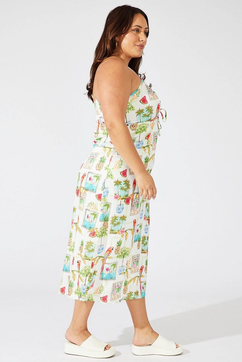 Crisp Texture Sleek Touch Multi Abstract Midi Dress Drawstring Front Holiday Print