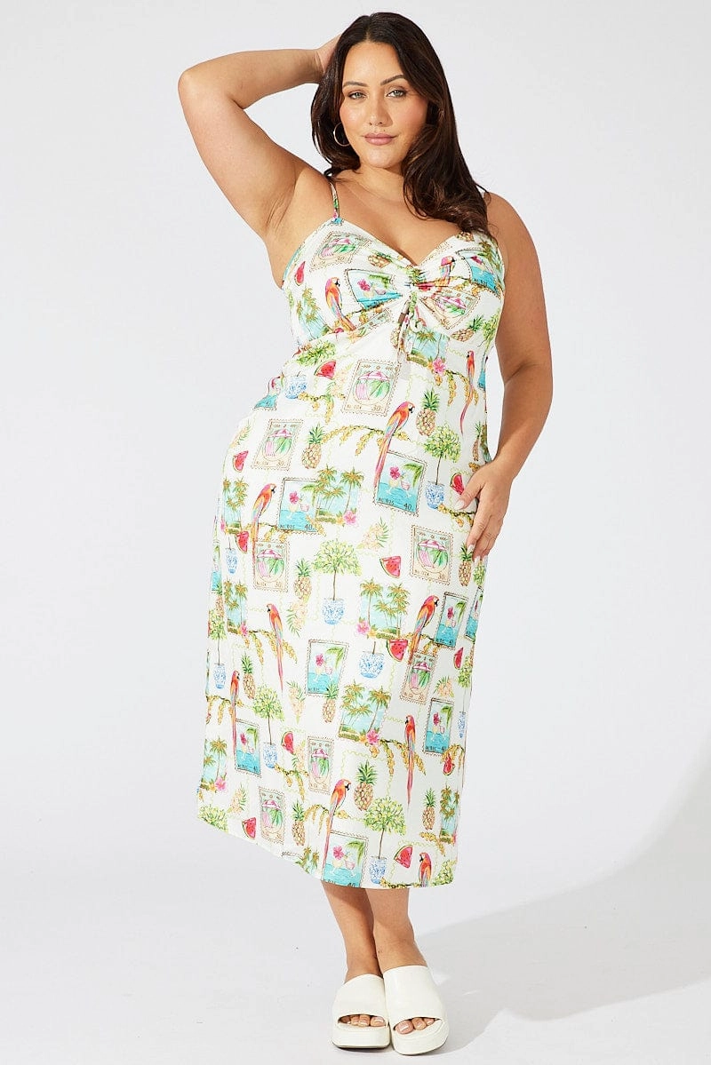 Multi Abstract Midi Dress Drawstring Front Holiday Print Crinkle Effect