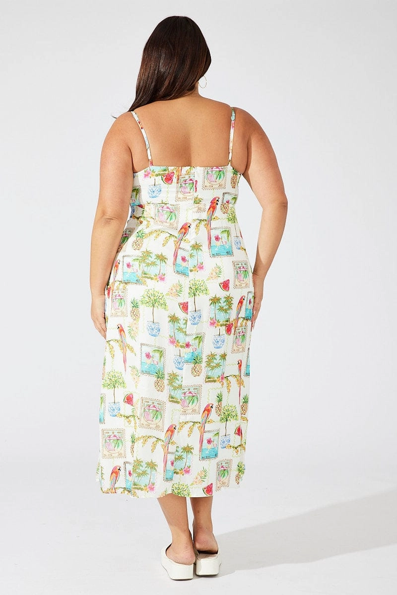 Slit-Hem Clean Cut Multi Abstract Midi Dress Drawstring Front Holiday Print