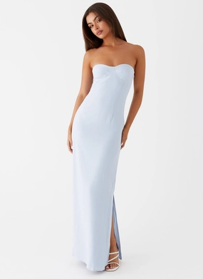 Bold Pattern Natural Feel Esra Linen Strapless Maxi Dress - Blue
