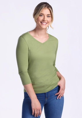 Elena 3/4 Sleeve V Neck ? Final Sale Deals! - Fern Glow Fuzz Free Surface Fashionable