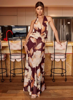 Elysia Chiffon Maxi Dress - Brown Floral Weekend Edge