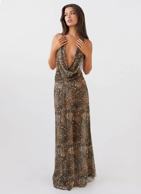 Asymmetrical hem Elysia Mesh Maxi Dress - Leopard