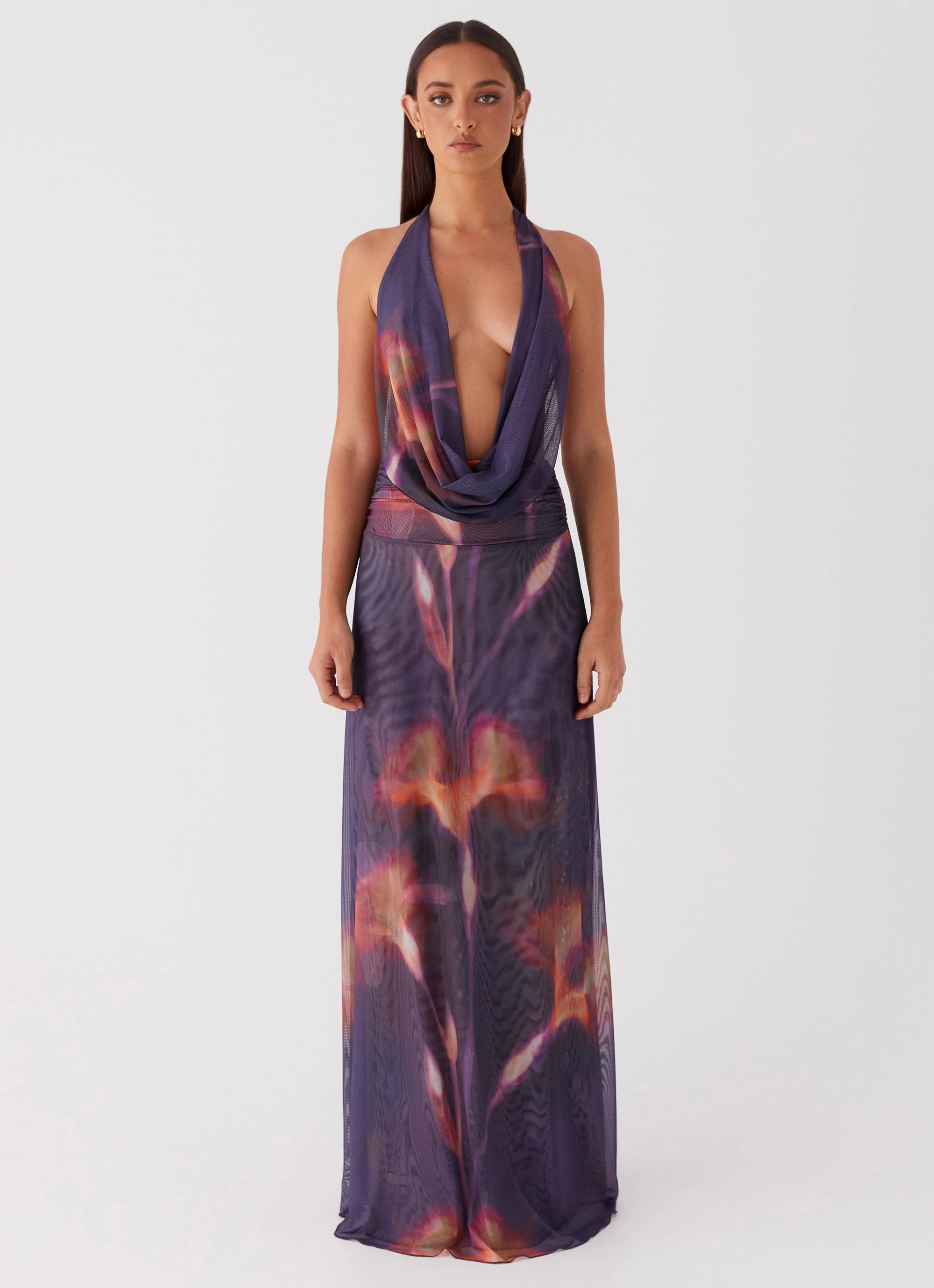 All Time Winter-Season Elysia Mesh Maxi Dress - Midnight Bloom