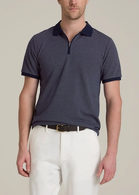 Embossed Geo Zip Collar Polo Shirt for Tall Men in Evening Blue Weekend Comfort