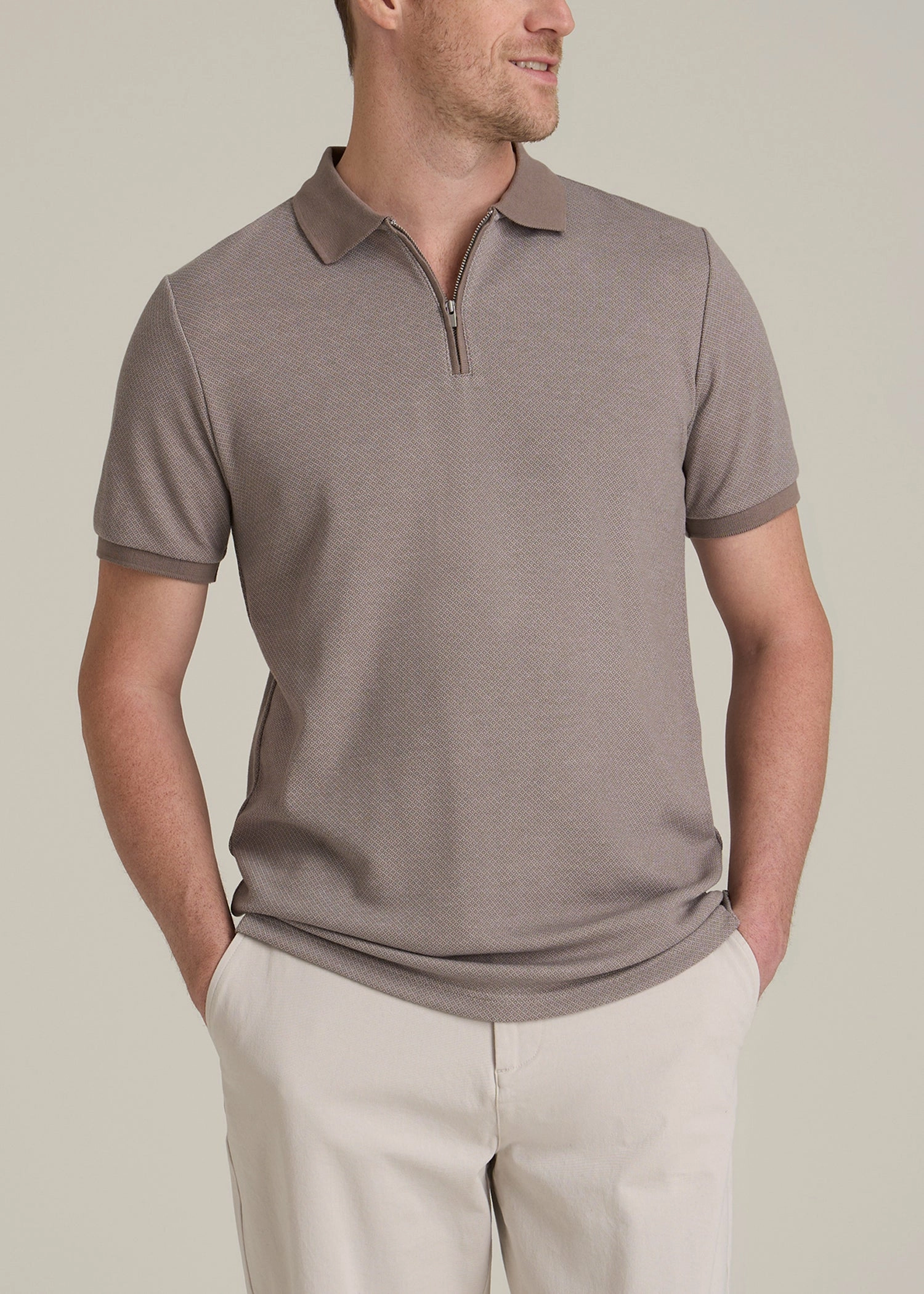 Stylish Vibe High-Quality Stitching Embossed Geo Zip Collar Polo Shirt for Tall Men in Portobello