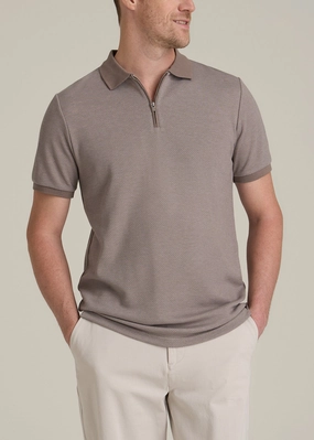 Embossed Geo Zip Collar Polo Shirt for Tall Men in Portobello Sporty Layers Herringbone Texture