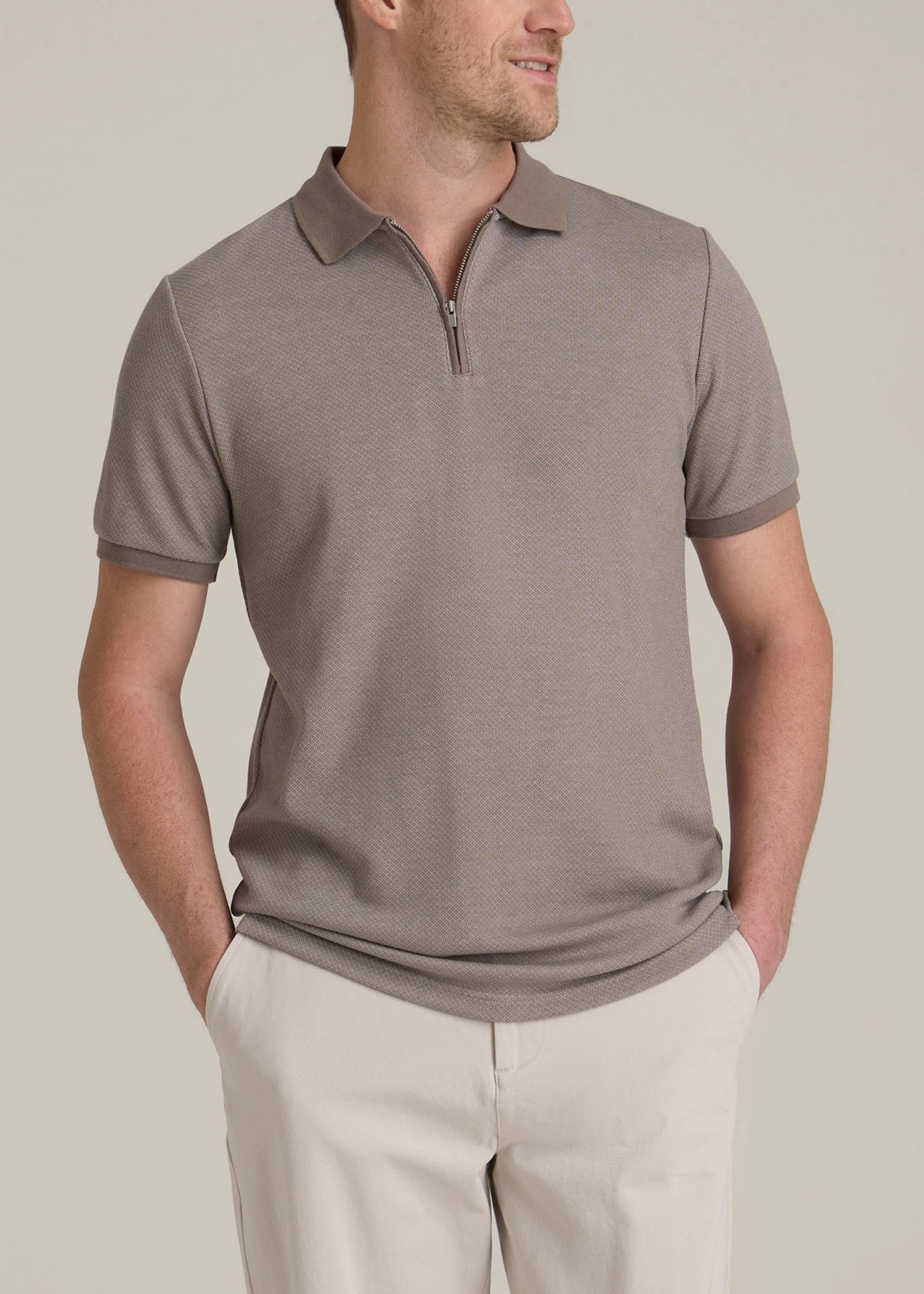 Embossed Geo Zip Collar Polo Shirt for Tall Men in Portobello Sporty Layers Herringbone Texture