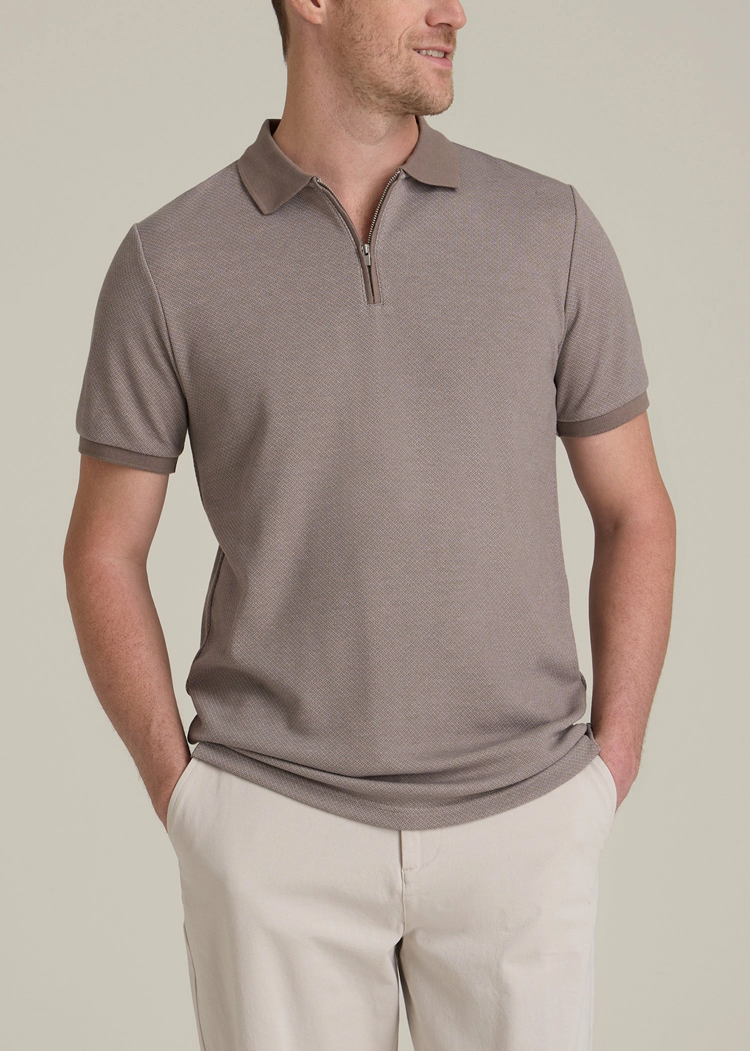 Placket Reinforcement Embossed Geo Zip Collar Polo Shirt for Tall Men in Portobello