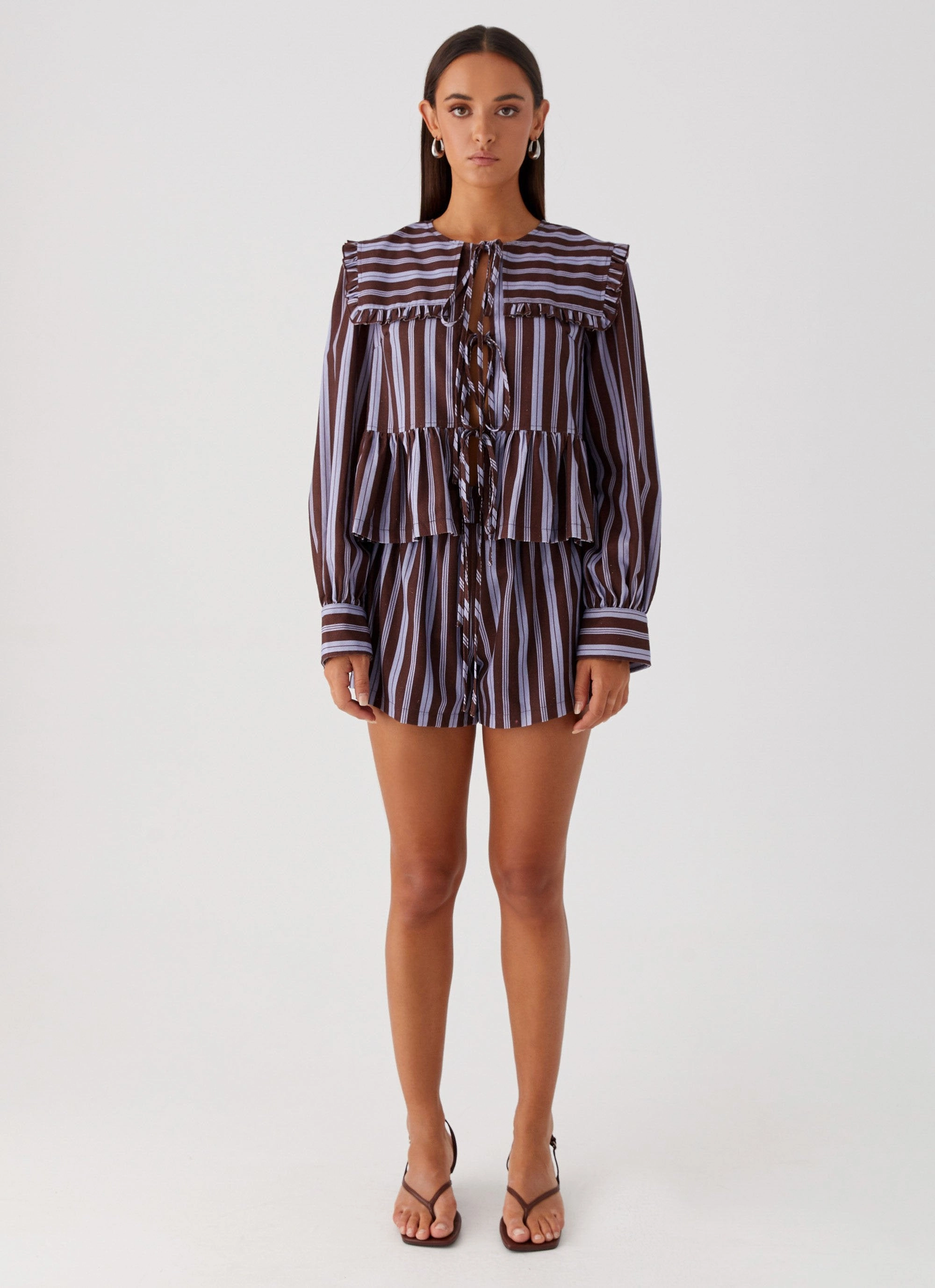 boots Lace Emerson Tie Front Long Sleeve Top - Purple Brown Stripe