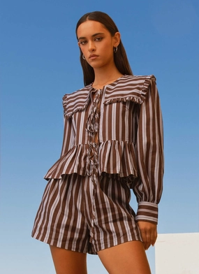 Emerson Tie Front Long Sleeve Top - Purple Brown Stripe hypoallergenic