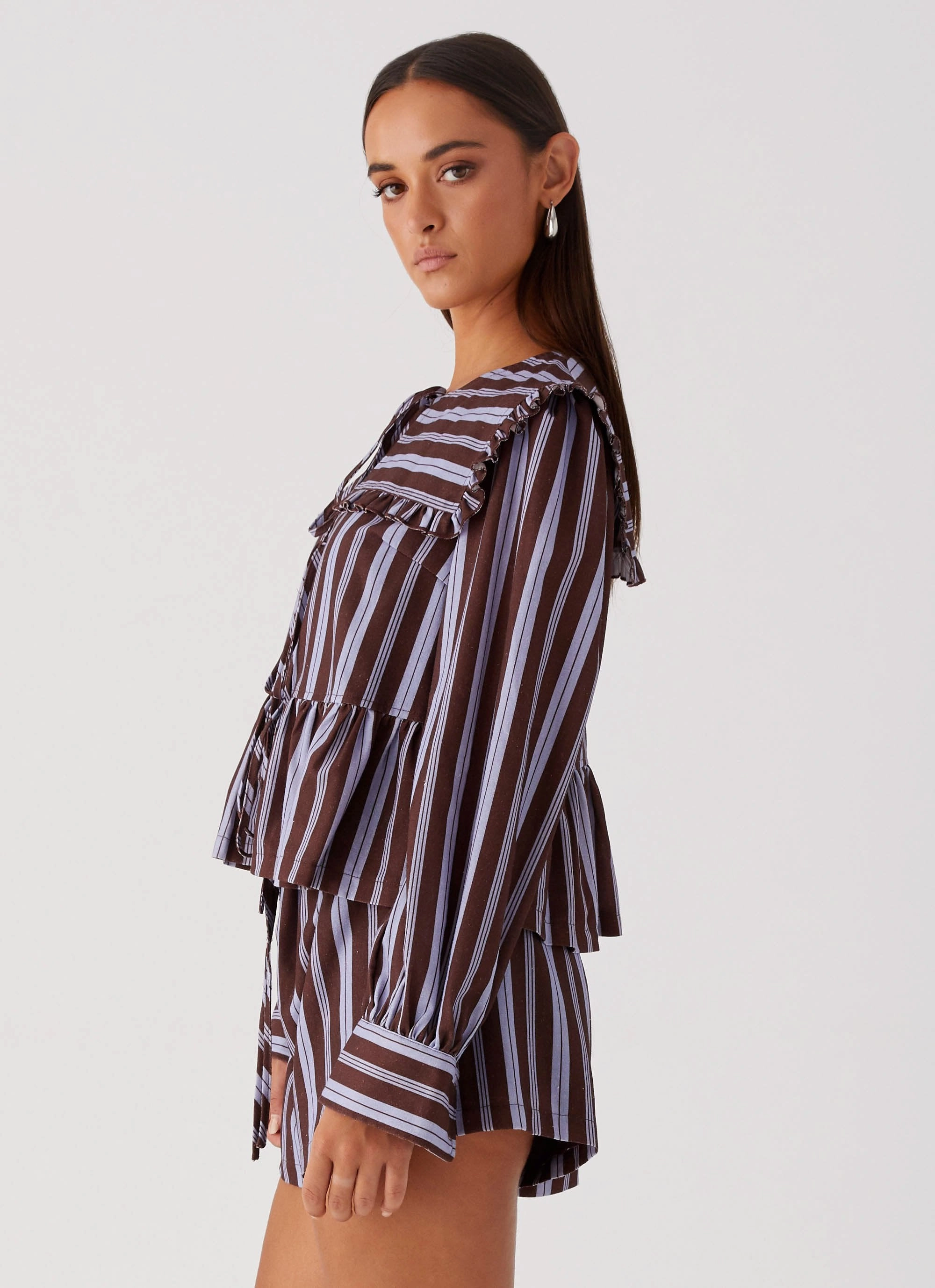 Emerson Tie Front Long Sleeve Top - Purple Brown Stripe belt Curvy
