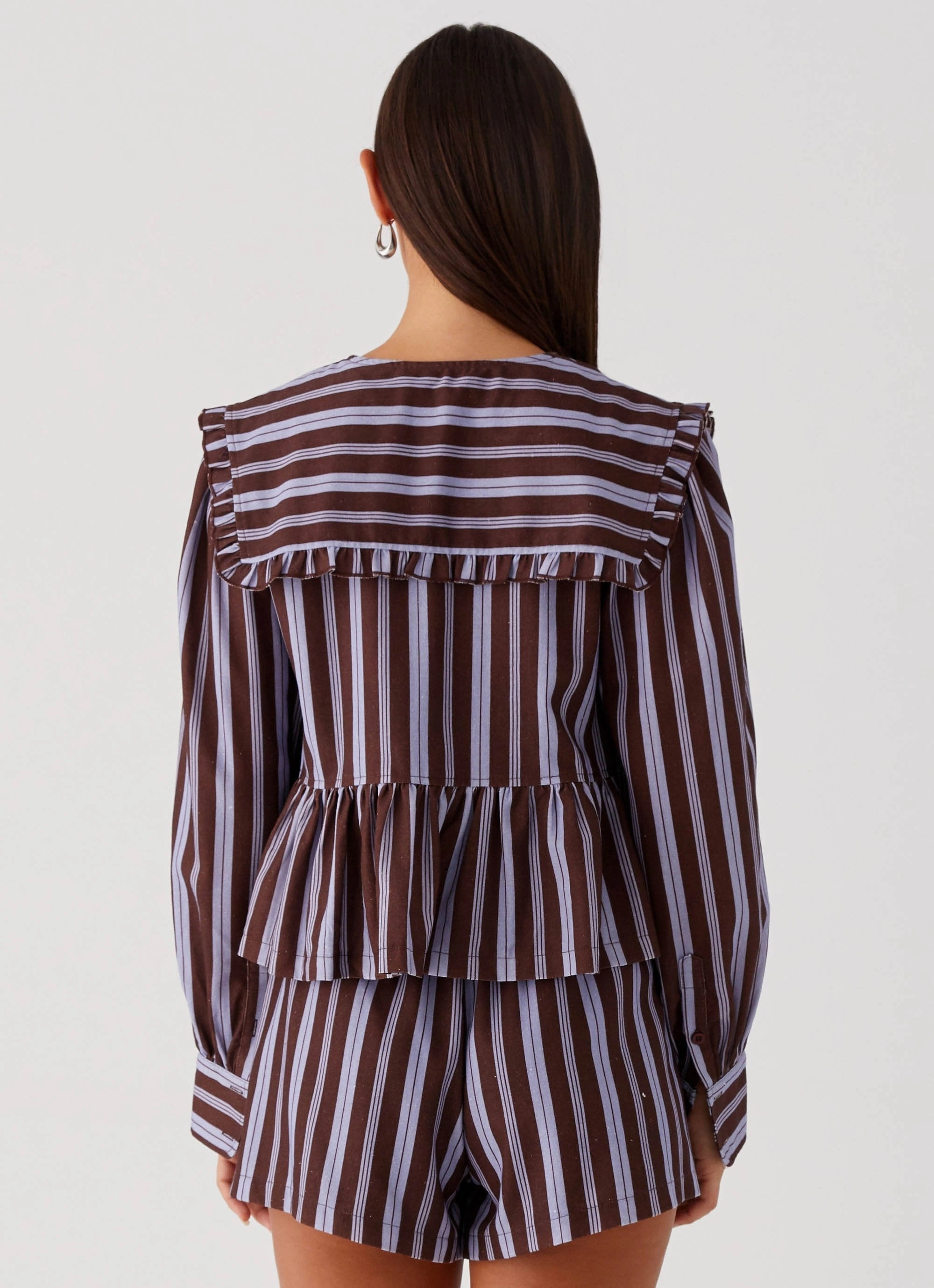 Stretch Enhanced Collar Emerson Tie Front Long Sleeve Top - Purple Brown Stripe