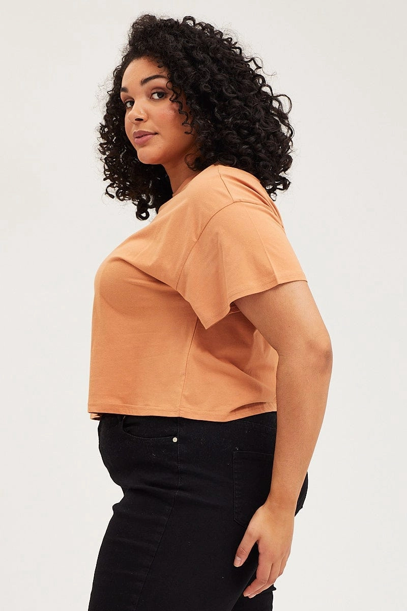 Beige Crop T-shirt Portland Embroidered Cotton Semi Comfort and Breathable Seamless Edging