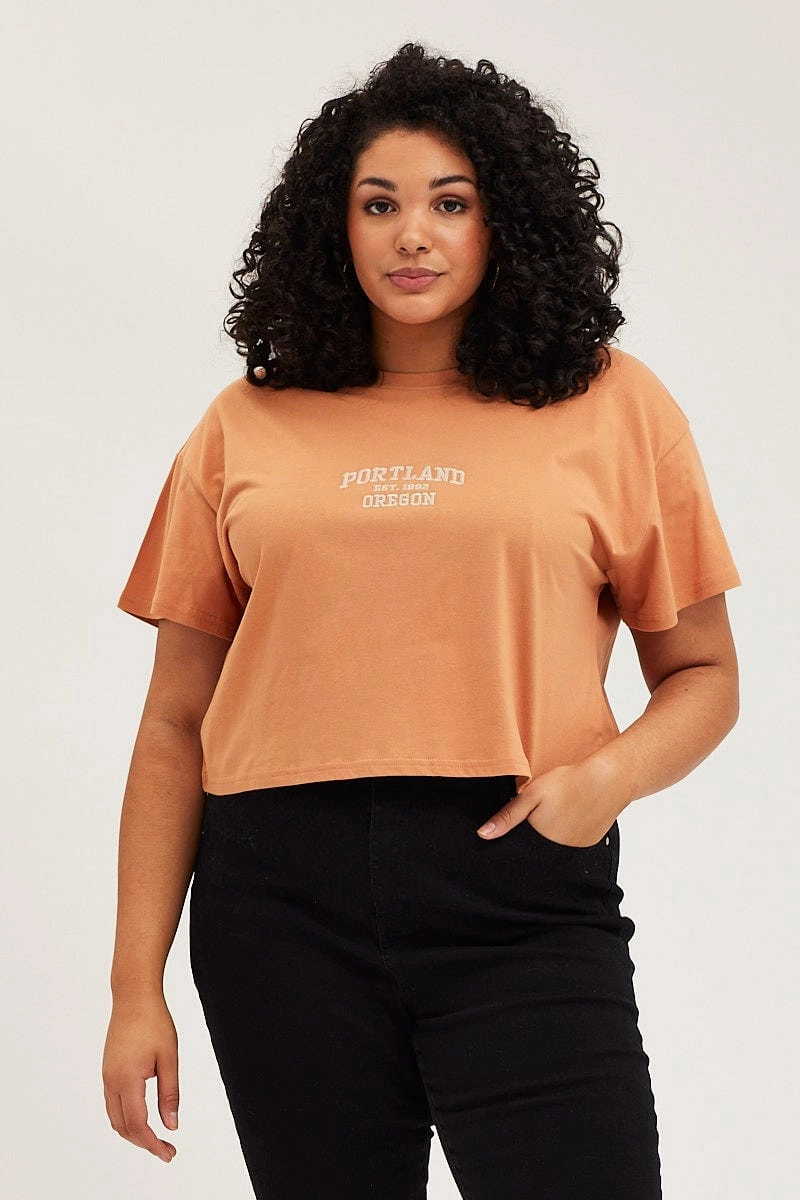 Outdoor Fashion Textured Surface Beige Crop T-shirt Portland Embroidered Cotton Semi