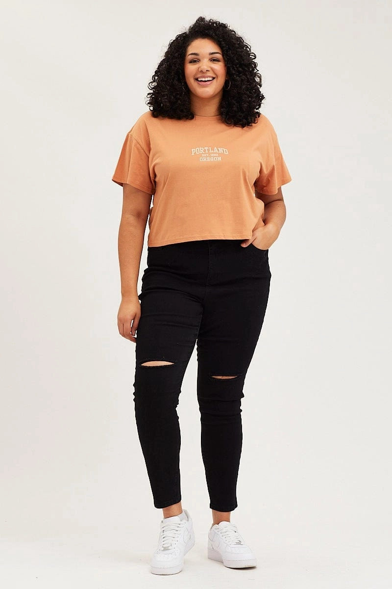 Beige Crop T-shirt Portland Embroidered Cotton Semi Layered Hem Design