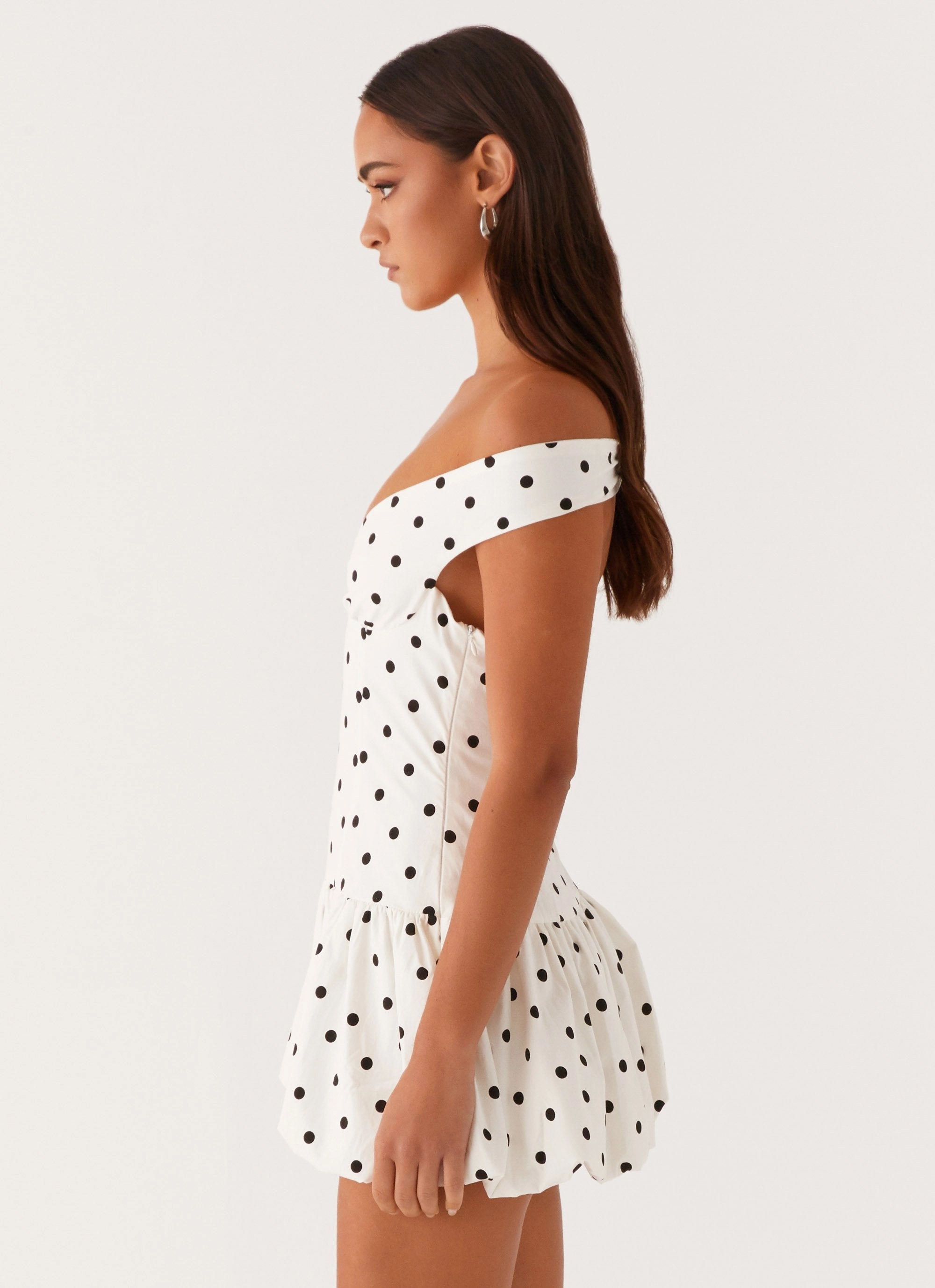 Kind Light Sophisticated Layers Endless Romance Off Shoulder Mini Dress - White Polka Dot