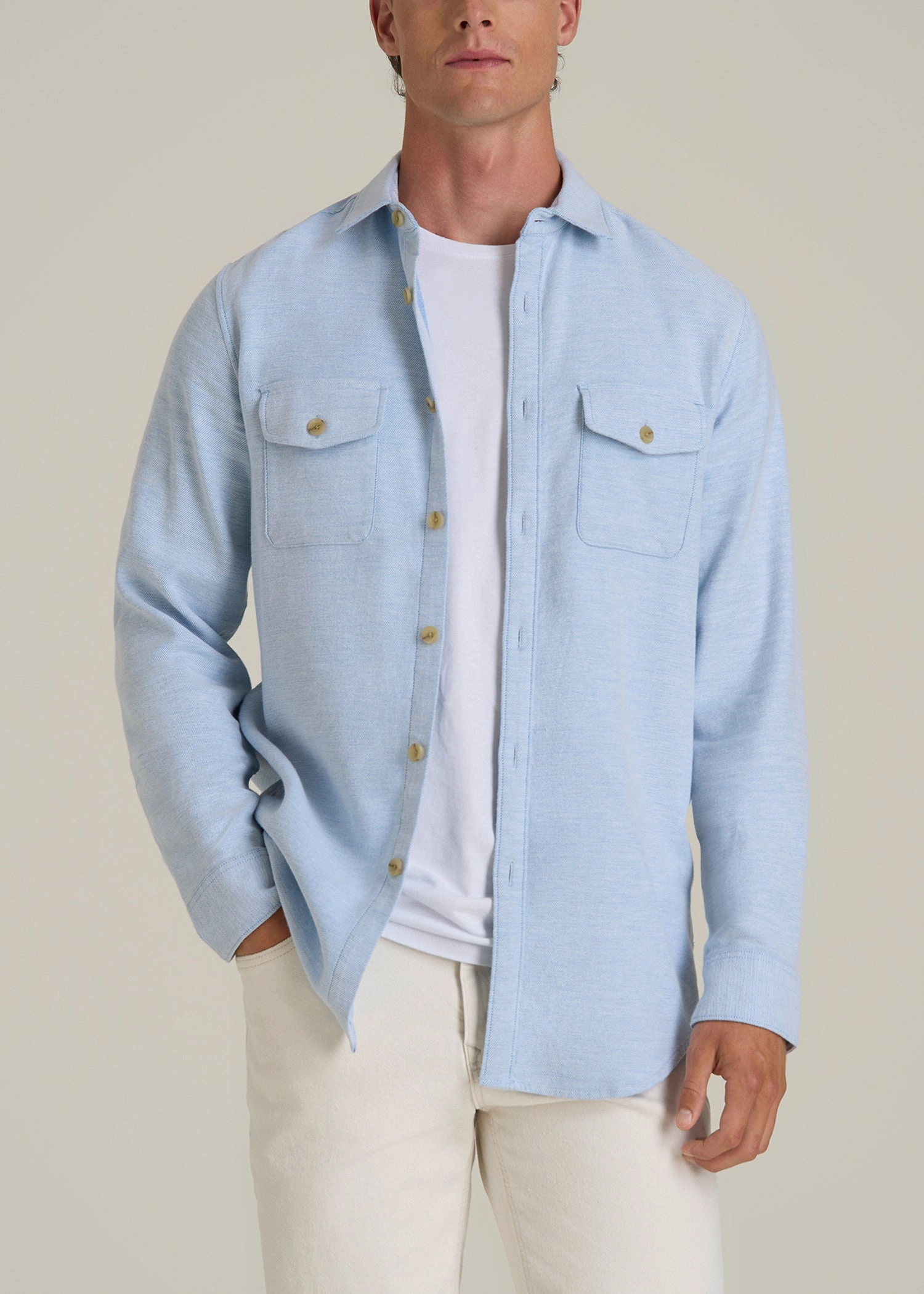 Wrinkle Resistant Weave Everyday Comfort Terry Overshirt for Tall Men in Cloud Blue