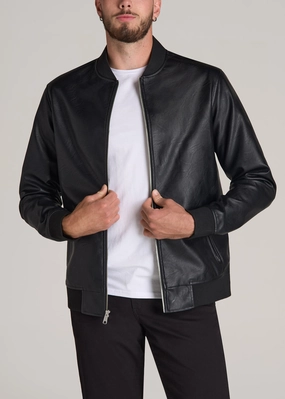 Modular Attachment Loops Hooded Comfort Fit True Touch Leather Bomber Jacket for Tall Men in Black