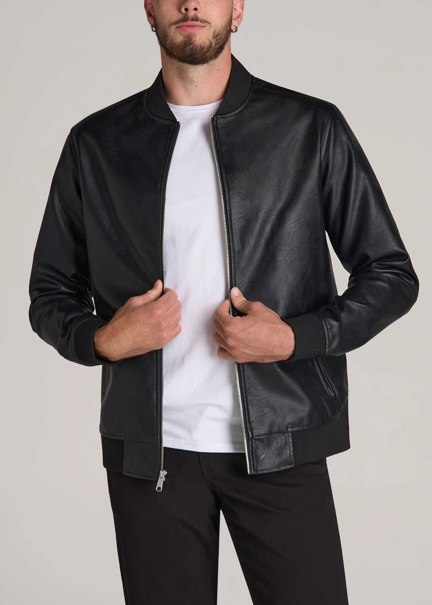 True Touch Leather Bomber Jacket for Tall Men in Black FoldableStorageCapability