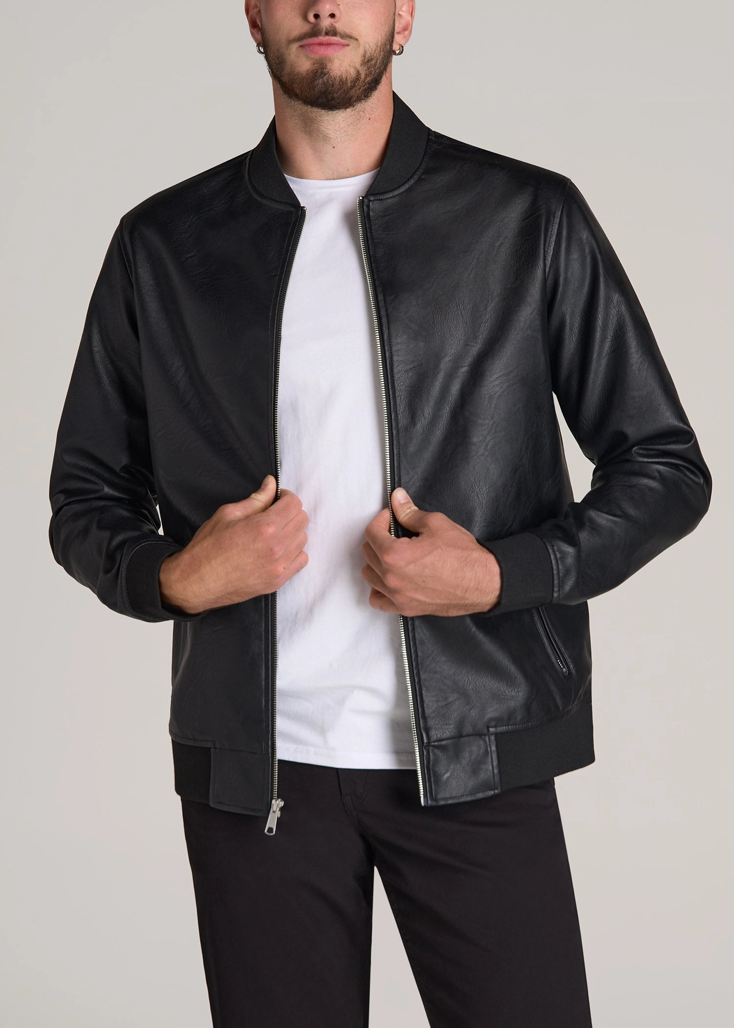 True Touch Leather Bomber Jacket for Tall Men in Black Chill Look ReinforcedStressPoints